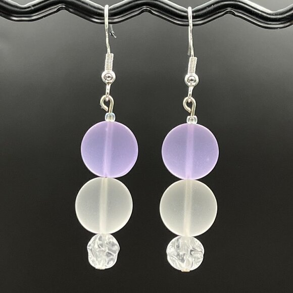 Sea Glass Drop Earrings Purple and White | Handmade - Picture 3 of 5